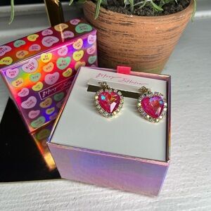 Betsey Johnson Pink Heart Crystal Drop Earrings Gift Box NWT